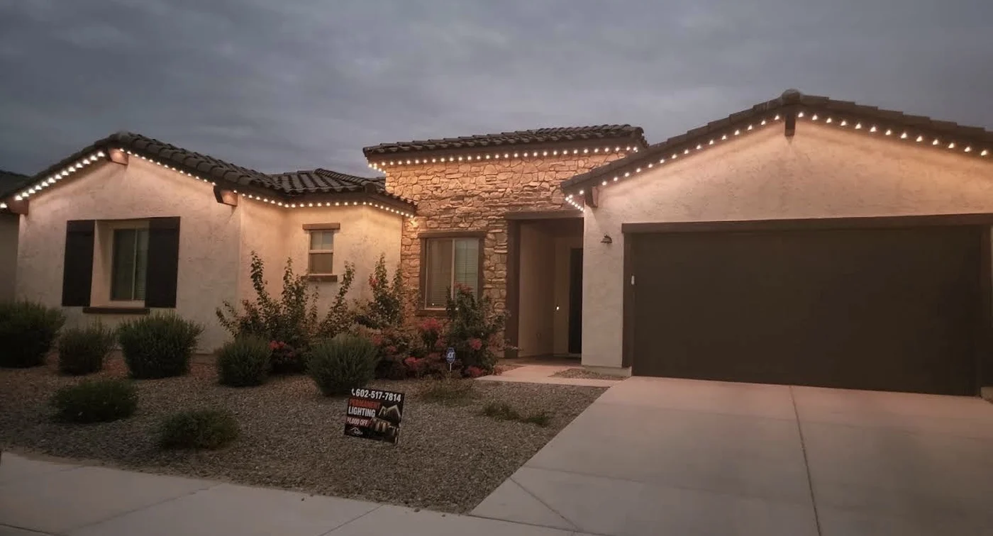 Single story home with warm white lights along the roofline in the evening